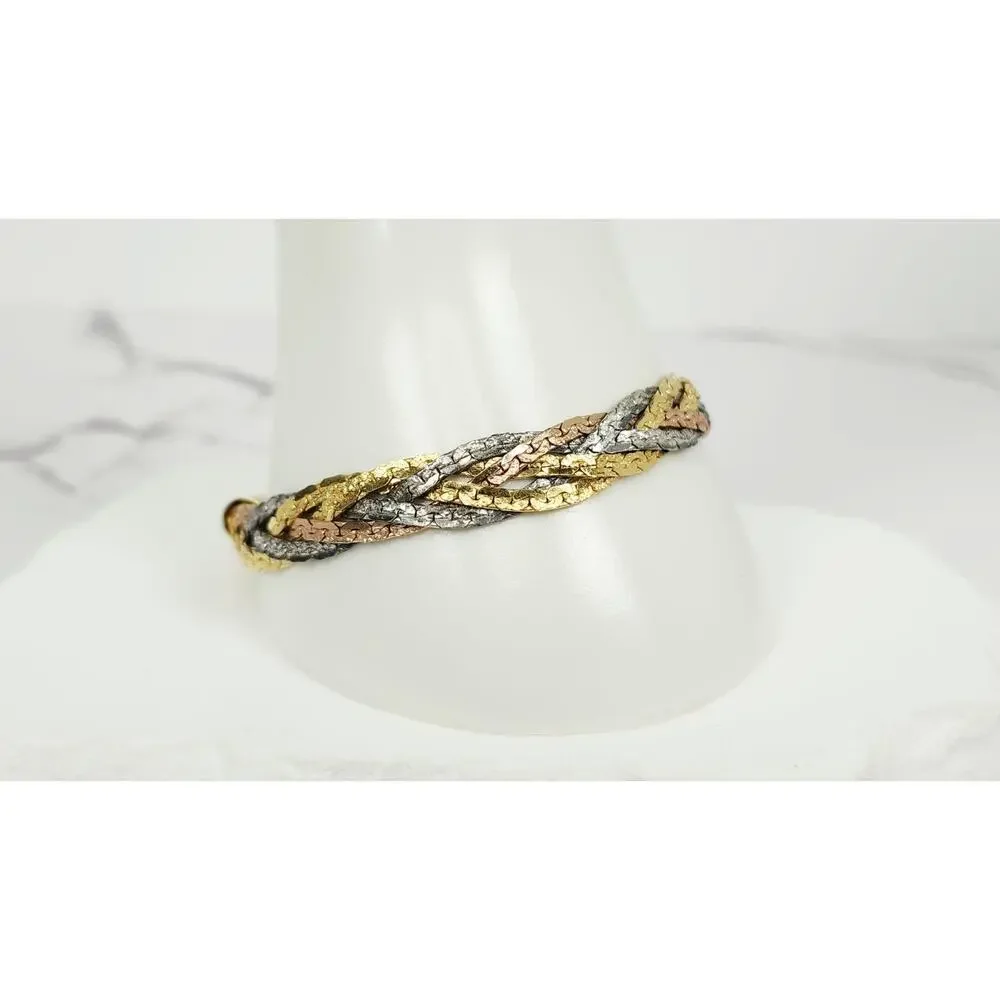 Vintage Tri-Color Braided Herringbone Chain Bracelet Gold Silver Rose 7.5